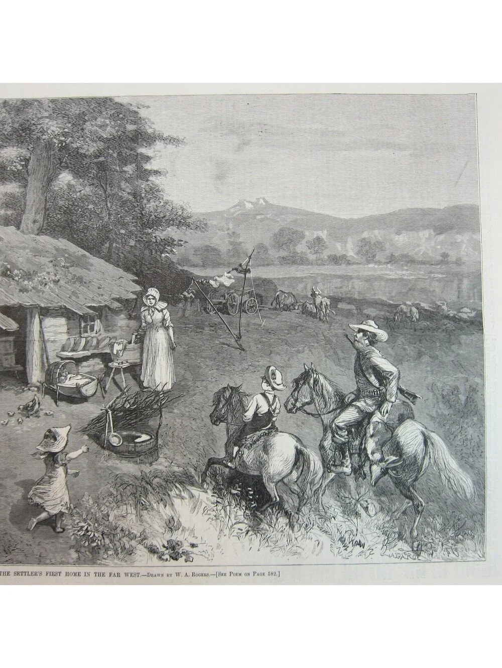 Antique 1880 Print Settlers First Home in Far West, W.A. Rogers, Harper's Weekly